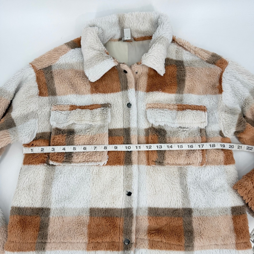 Cato Plaid Fuzzy Teddy Shacket Jacket Size S Orange Brown Cream - Picture 6 of 7